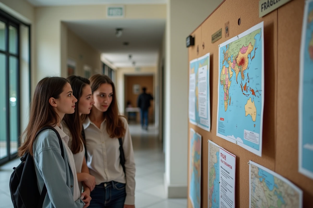 Groupe d'étudiants français consultant des informations sur les programmes d'échange universitaire en Indonésie