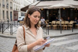 Expatriée consultant son assurance internationale sur smartphone dans une rue européenne pavée