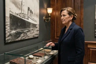 Visiteuse contemplant une exposition immersive sur le Titanic au musée de Lyon avec vitrines d'artefacts historiques