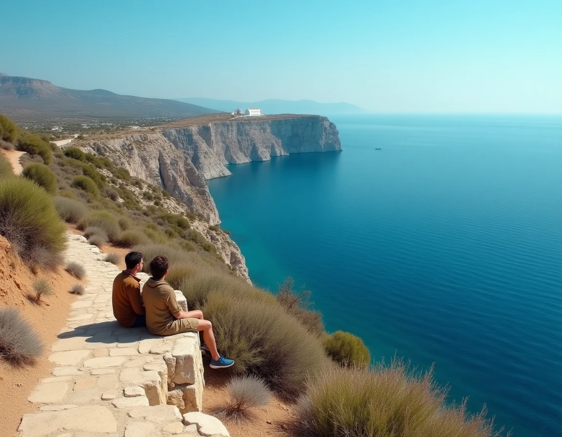 Vue panoramique sur les falaises de Folegandros avec mer Égée et église de Panagia au loin