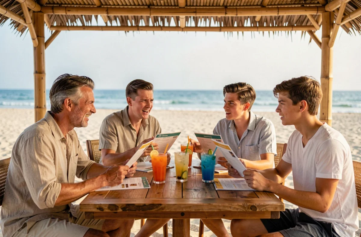 Famille en vacances tout compris discutant du budget repas et des options au bar de plage de leur resort
