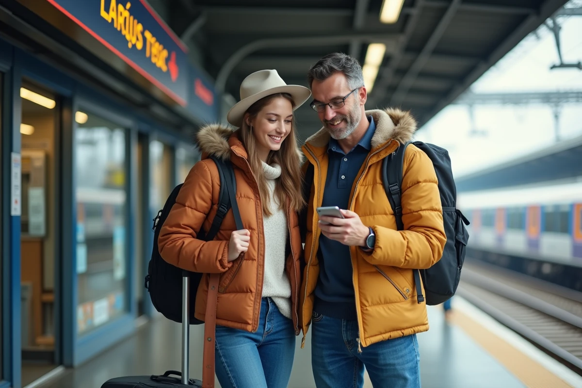 Père et fille souriants sur une plateforme de train en France