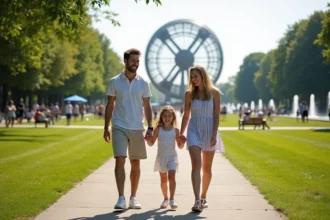 Famille souriante devant l'Unisphere à Flushing Meadows