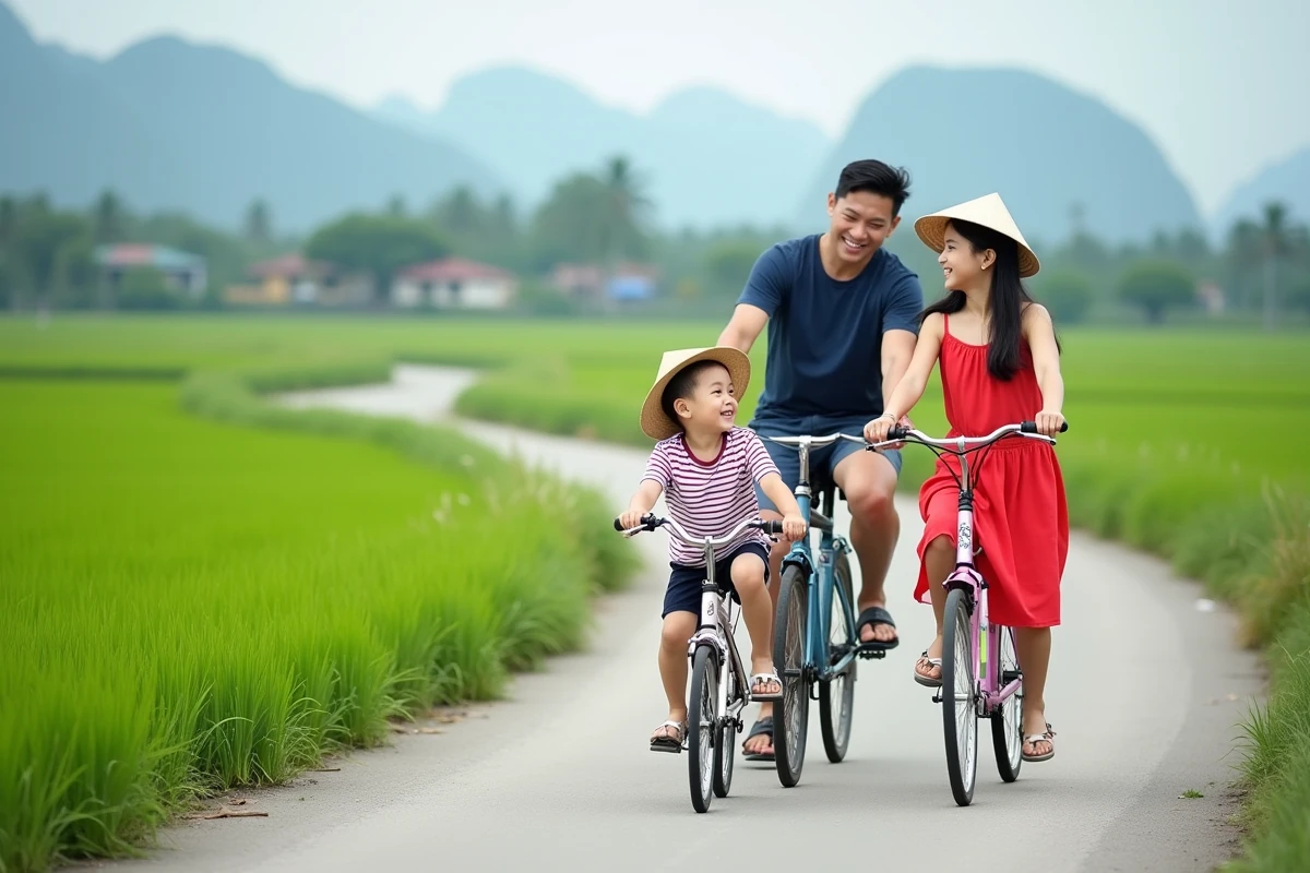 Famille vietnamienne à vélo dans les rizières verdoyantes