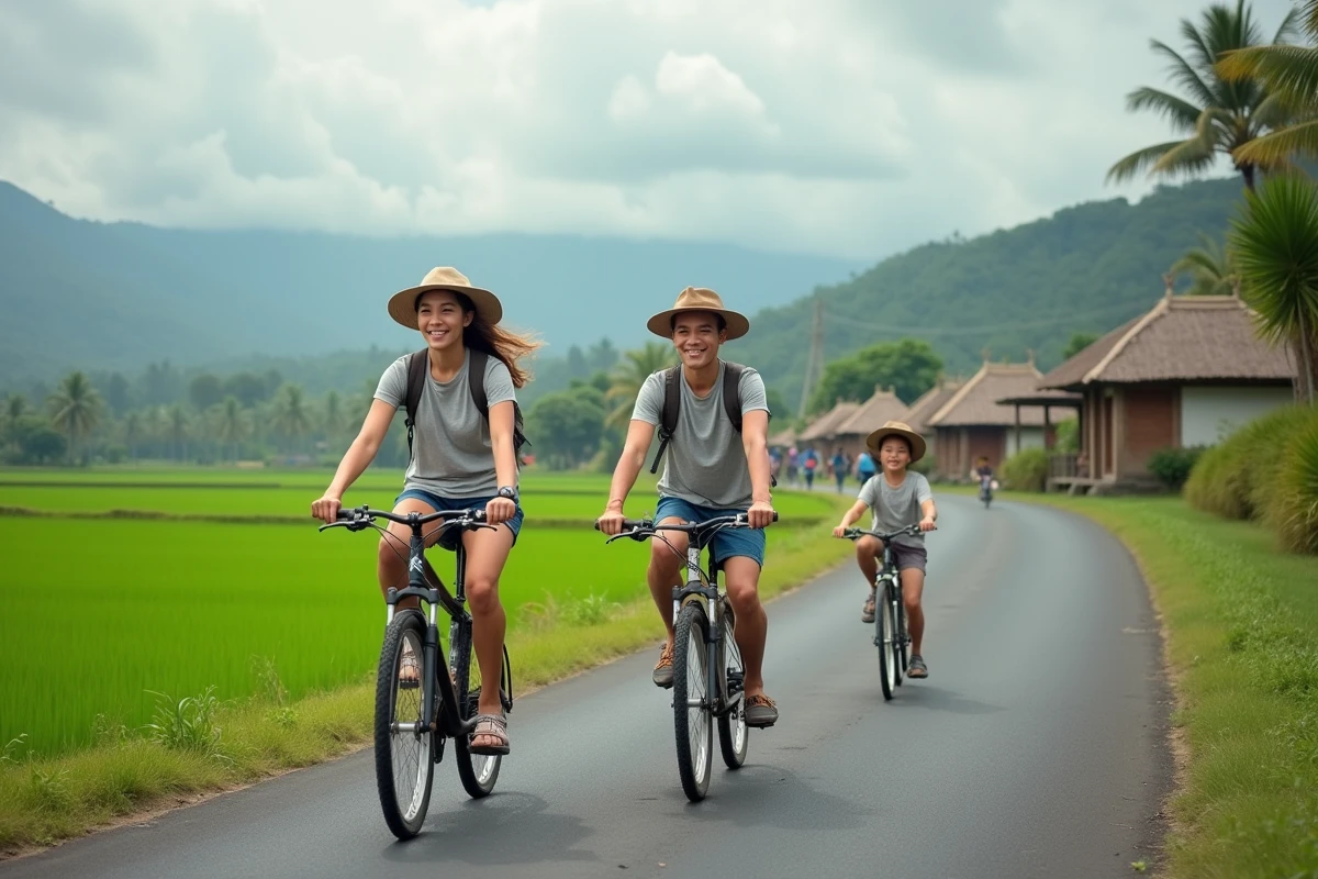 Famille à vélo dans un village balinais avec rizières