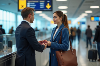 Jeune femme au check-in aéroport avec documents