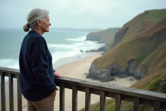 Femme regardant la côte bretonne depuis un balcon