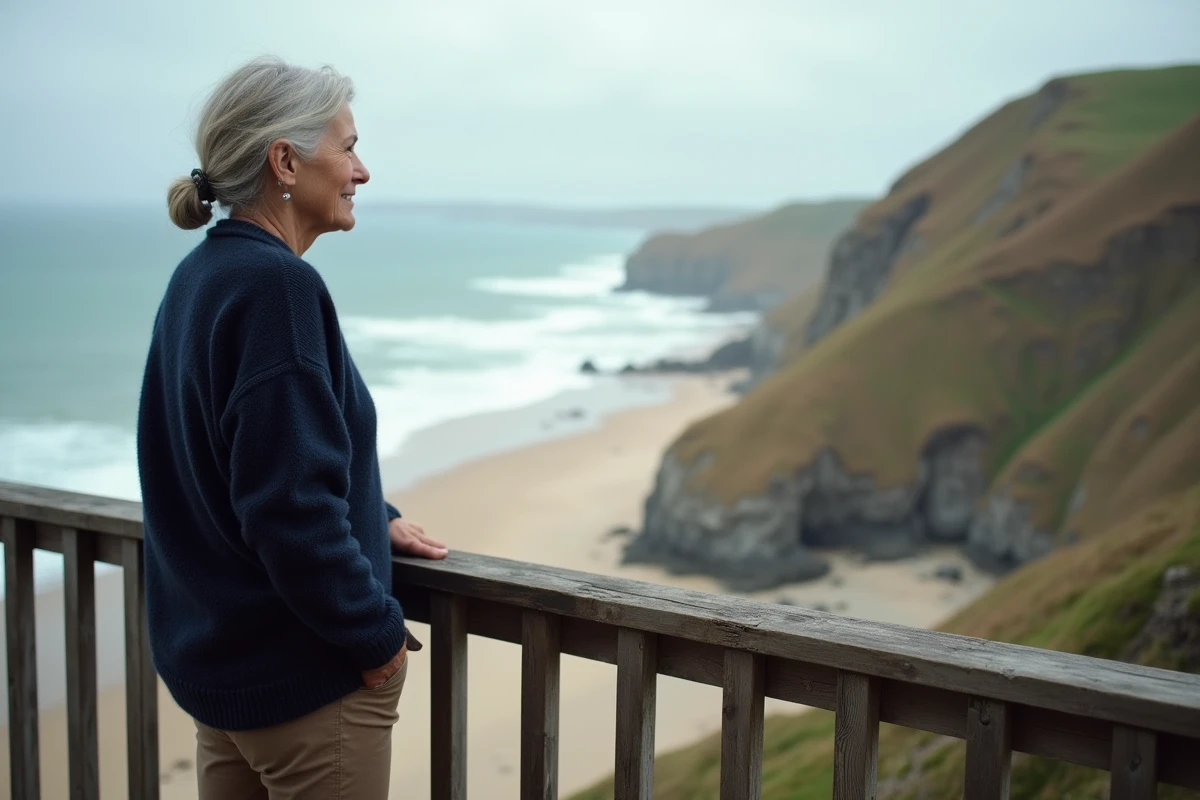 Femme regardant la côte bretonne depuis un balcon