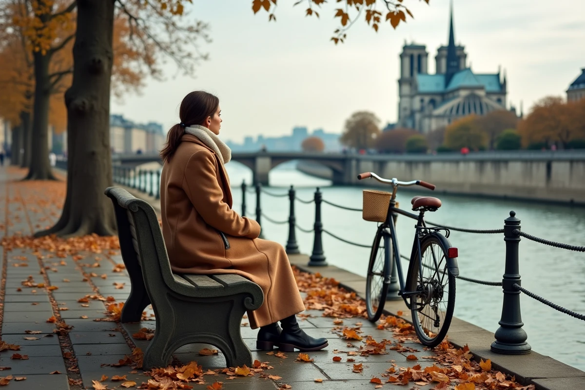 Femme assise sur un banc en pierre au bord de la Seine à Paris en automne, vue romantique sur Notre-Dame de Paris avec des feuilles mortes sur le quai