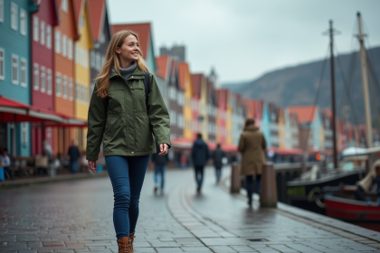 Jeune femme souriante sur le quai de Bryggen à Bergen