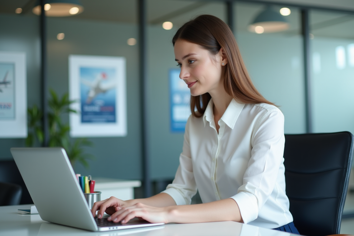 Jeune femme au bureau recherche codes d'avion sur son ordinateur