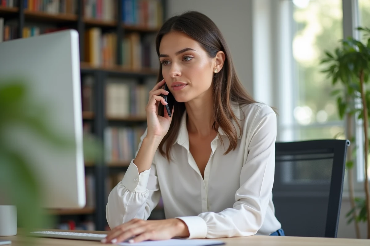 Femme au bureau en train de parler au téléphone