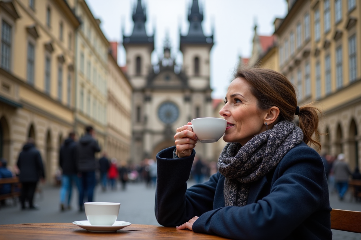 Femme buvant un café dans la vieille ville de Prague