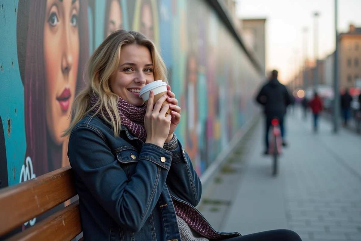Jeune femme souriante buvant un café devant le mur de Berlin