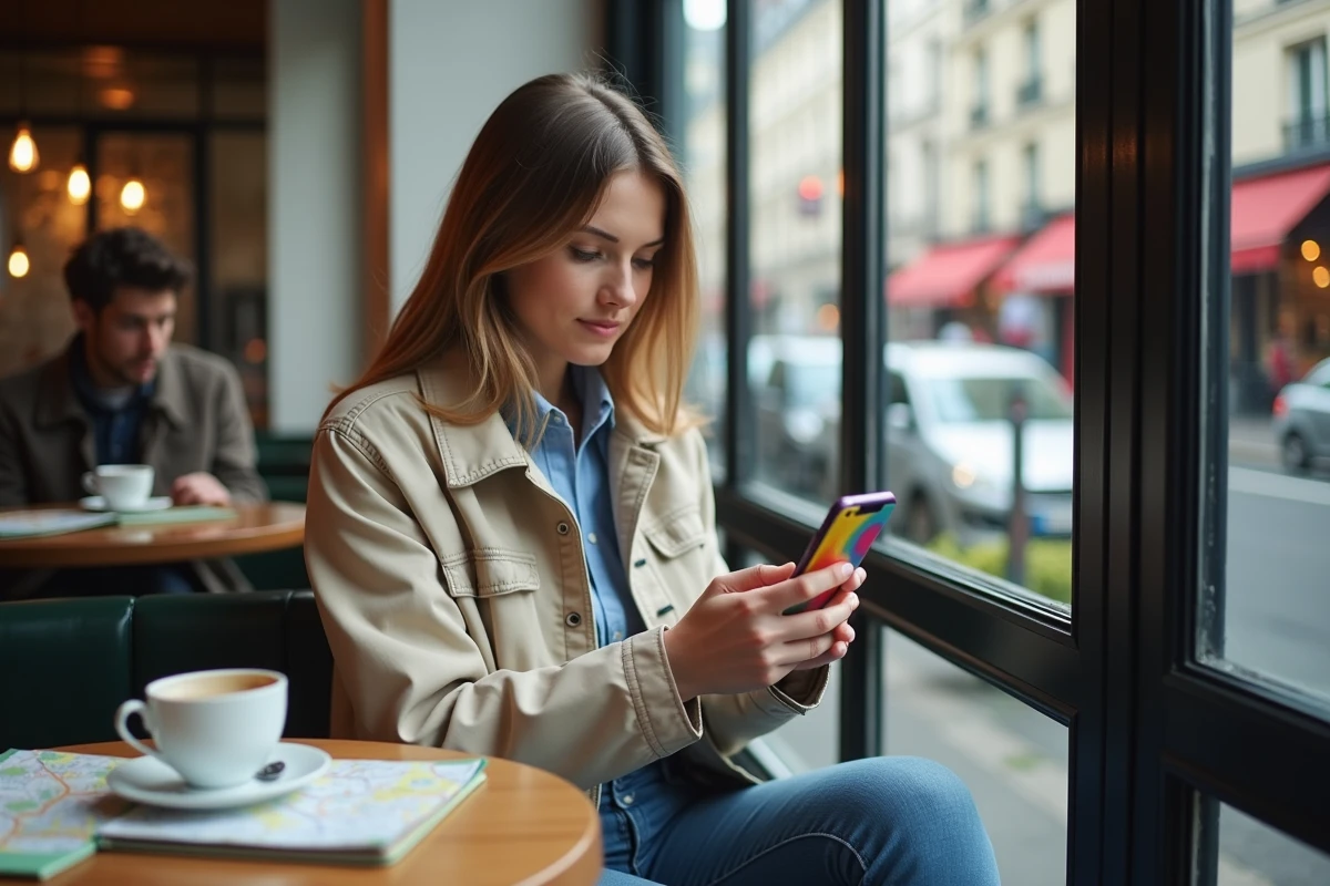 Jeune femme au café à Paris utilisant son smartphone