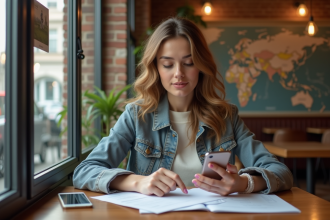 Jeune femme au café examine ses documents de voyage
