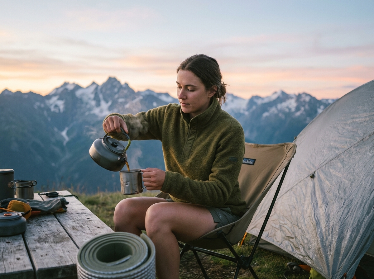 Femme versant du cafe au lever du soleil en camping