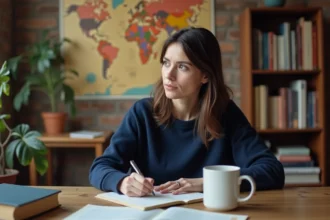 Femme concentrée écrivant dans un carnet entouré de livres de géographie pour trouver des villes en X