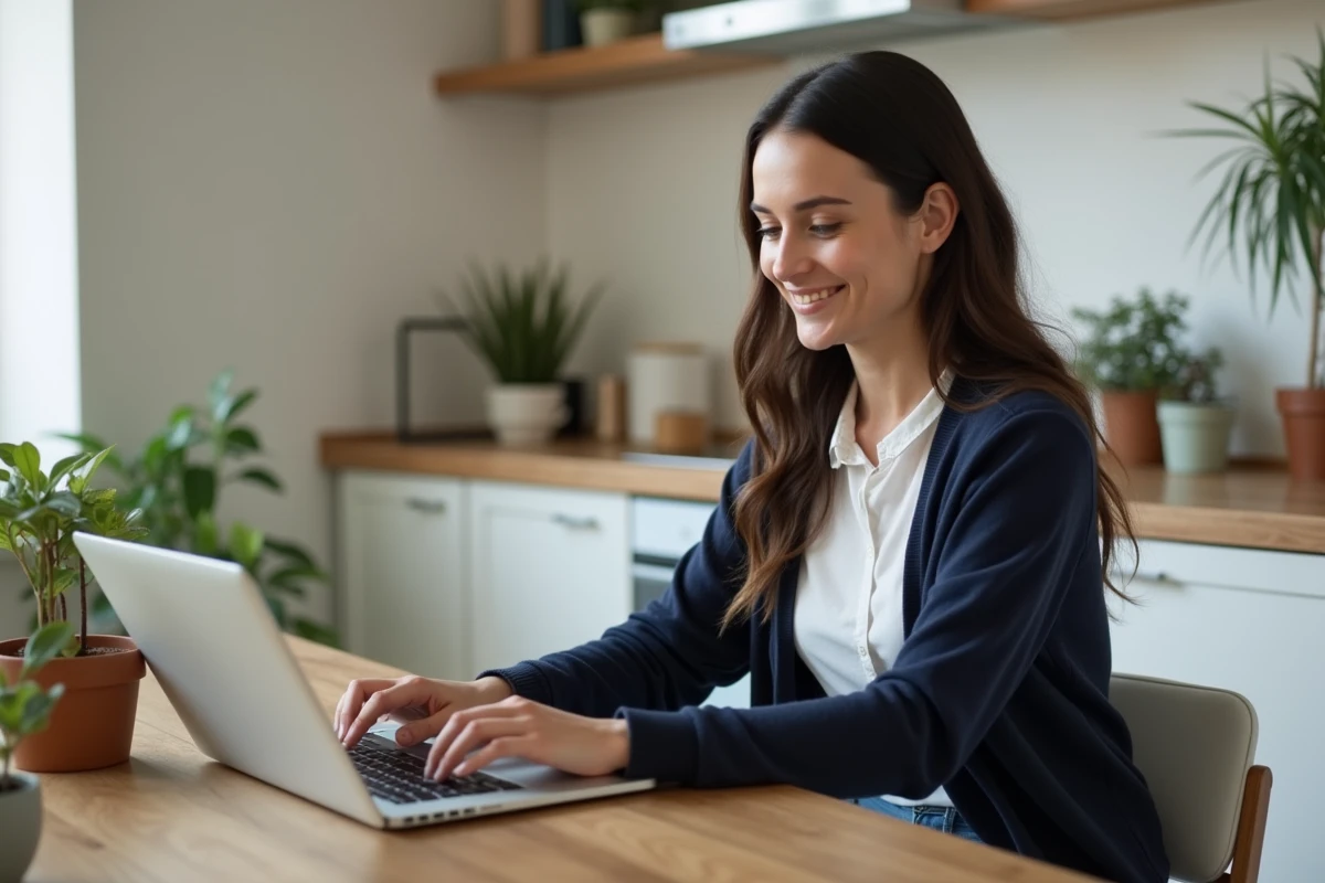 Femme détendue travaillant sur son ordinateur à la maison