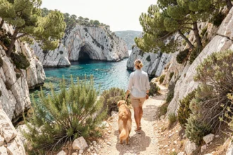 Femme et son golden retriever en laisse sur un sentier rocheux surplombant les calanques de Cassis