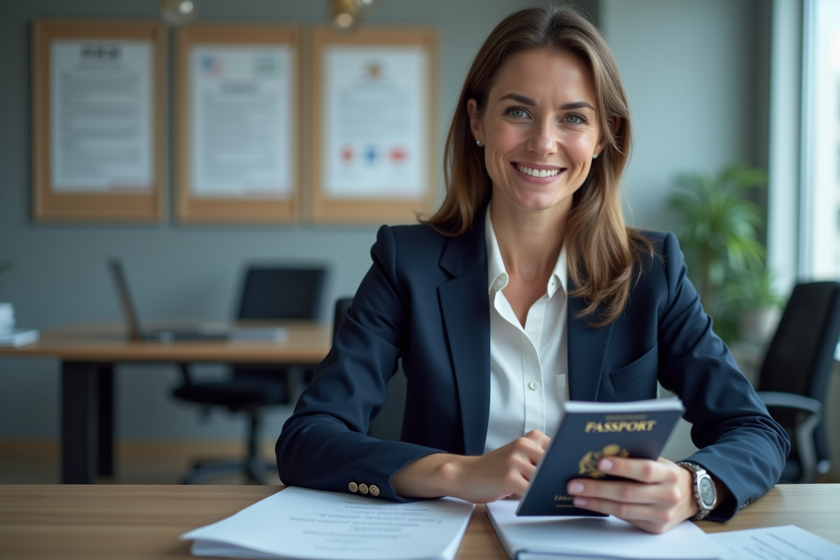Femme professionnelle au consulat avec documents et sourire