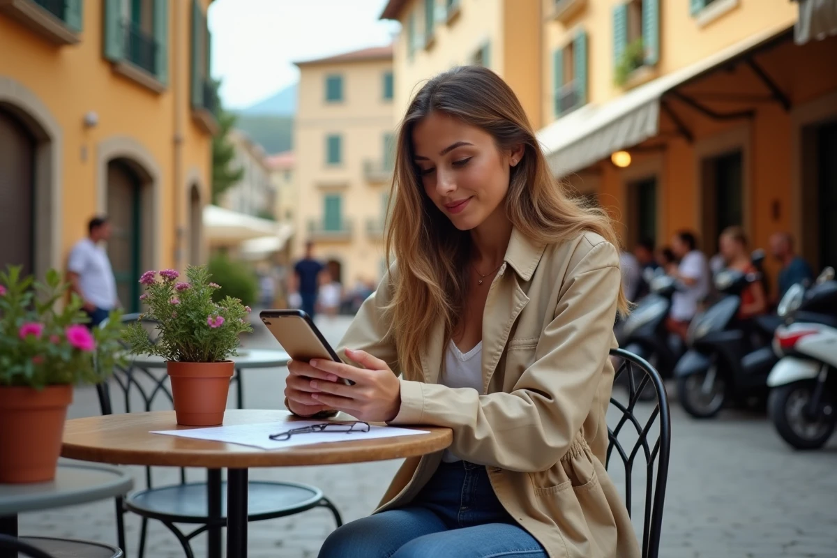 Jeune femme examinant une carte digitale en terrasse