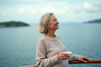 Femme d'âge moyen regardant l'horizon sur un pont de croisière