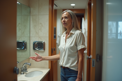Femme d'âge moyen dans une salle de bain de croisière