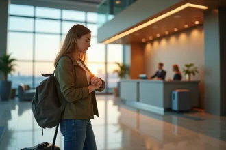 Jeune femme ajustant sa montre dans un lobby d'hôtel aéroport