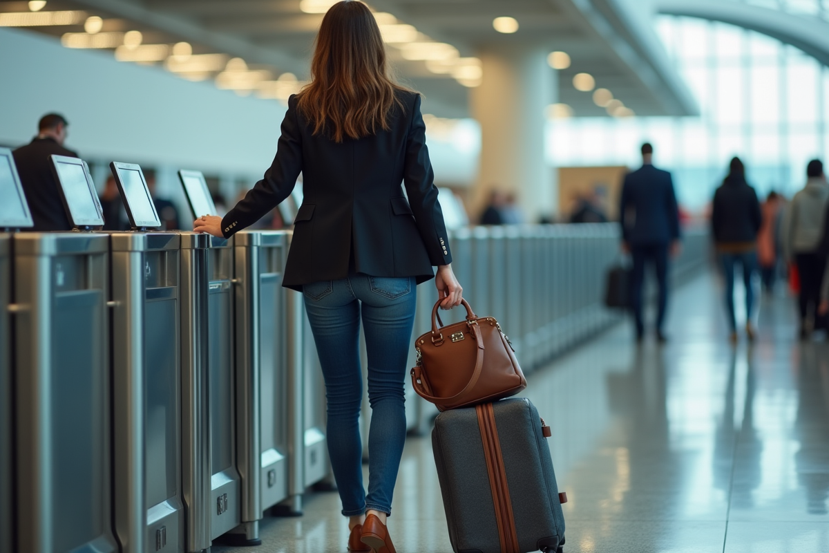 Femme élégante avec sac et valise à l'aéroport