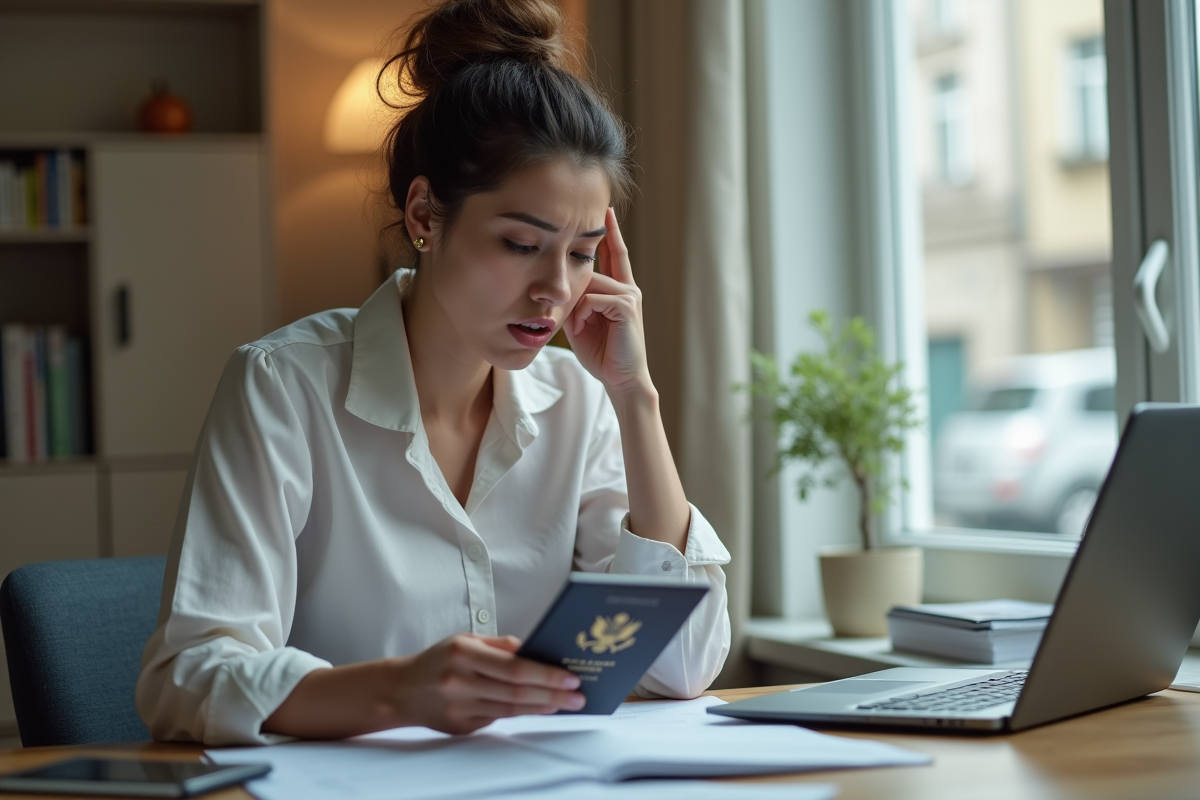 Jeune femme inquiète avec passeport dans un salon lumineux