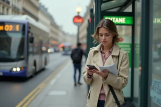 Femme consultant un itinéraire de bus sur smartphone devant un arrêt de bus avec entrée de métro en arrière-plan