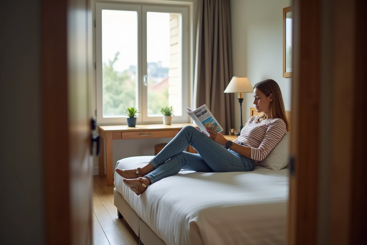 Jeune femme lisant une brochure dans une chambre d hotel
