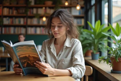 Femme lisant un magazine de voyage dans un café créatif