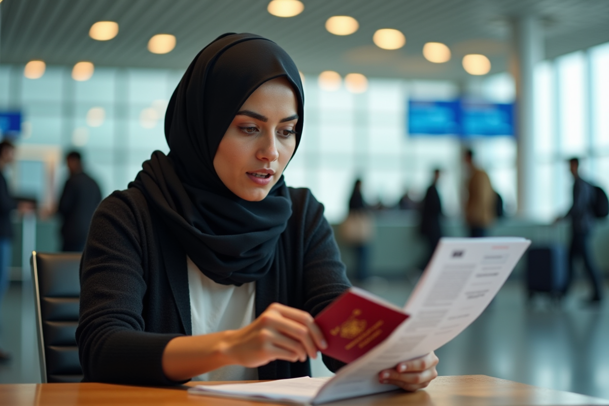 Jeune femme marocaine examine son passeport à l'aéroport