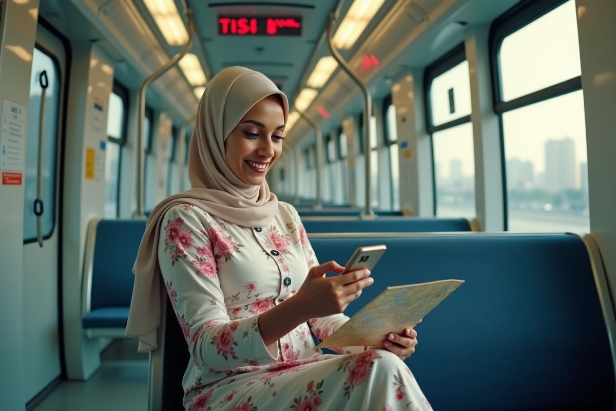 Femme sud-asiatique souriante dans le metro de Dubai