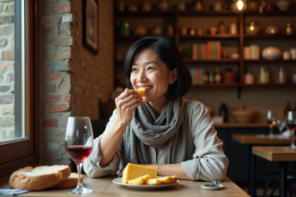 Femme d'âge moyen dégustant du fromage dans un restaurant rustique