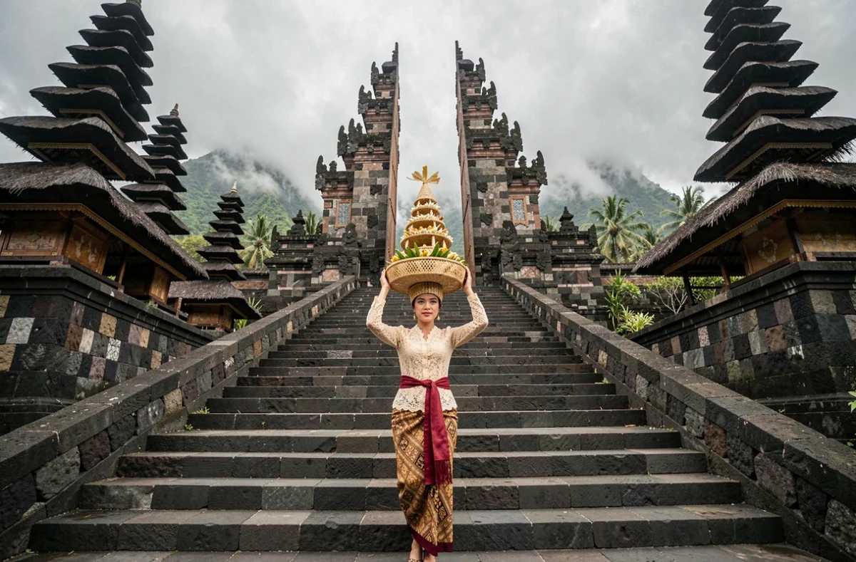 Jeune femme balinaise portant une offrande canang sari en montant les marches du temple Pura Besakih sur les pentes du mont Agung à Bali
