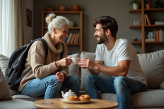Femme française souriante offrant une tasse de thé dans un salon chaleureux