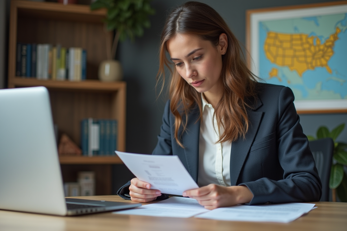 Jeune femme française au bureau avec documents