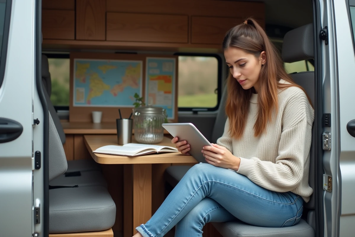 Jeune femme planifiant un itinéraire dans un van aménagé