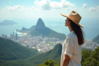 Femme admirant le panorama de Rio de Janeiro depuis la plateforme du Corcovado, avec le Christ Rédempteur visible en arrière-plan