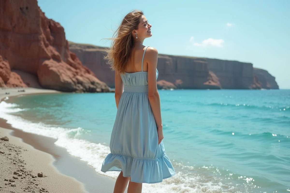 Jeune femme en robe bleue à la plage de Santorini