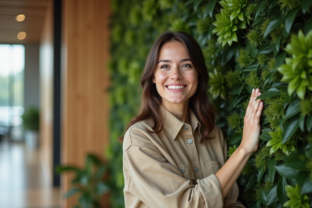 Femme souriante touchant un mur végétal dans un hôtel écologique