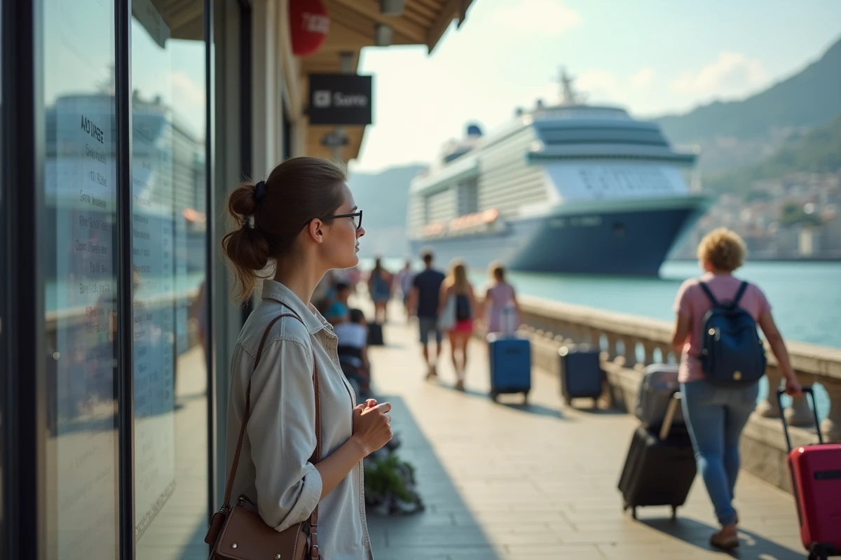 Jeune femme lisant une affiche de croisière au port