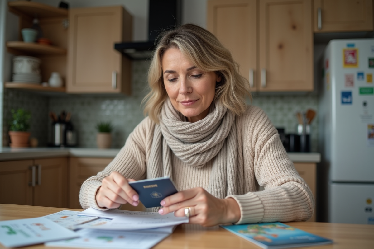 Femme vérifiant ses documents de voyage à la maison