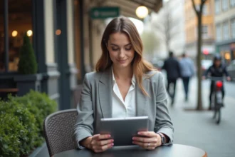 Femme d affaires utilisant une tablette en extérieur