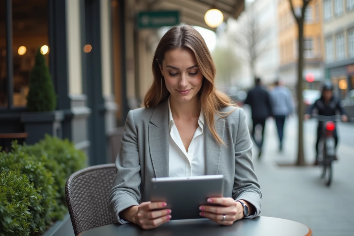Femme d affaires utilisant une tablette en extérieur