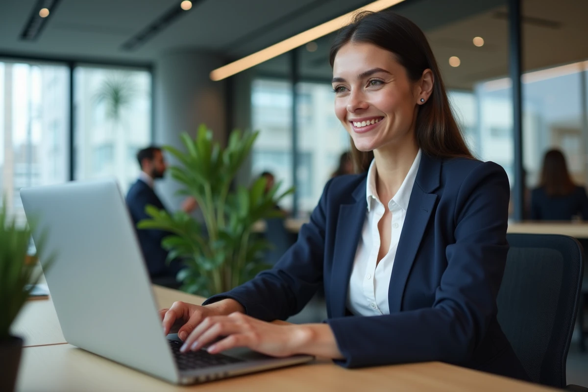 Femme professionnelle rédigeant un email formel sur un ordinateur portable dans un bureau moderne
