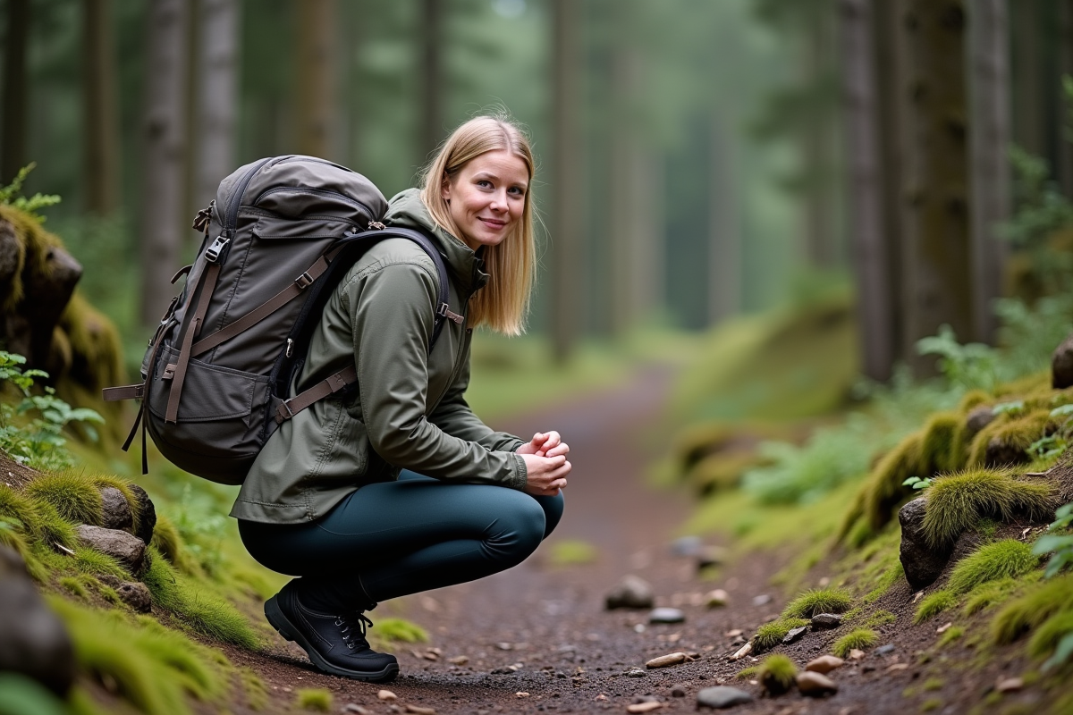 Femme en plein air ajustant son sac à dos lors d'une randonnée